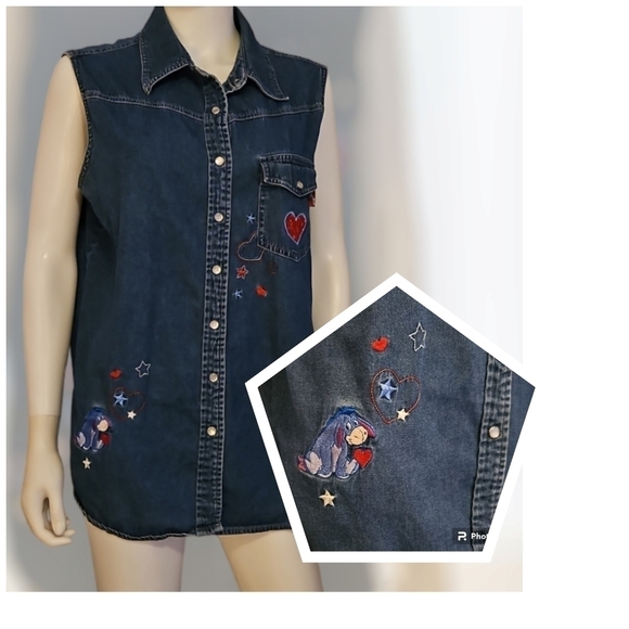 VTG DISNEY Eeyore Heart Patchwork Denim Chambray Snap Button Sleeveless Shirt - Picture 1 of 10